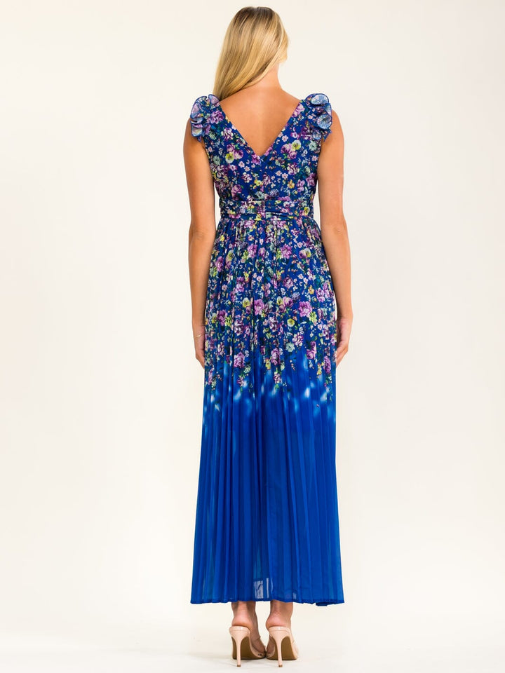 BEULAH WOMEN'S RUFFLE V-NECK PLEATED FLORAL MAXI DRESS