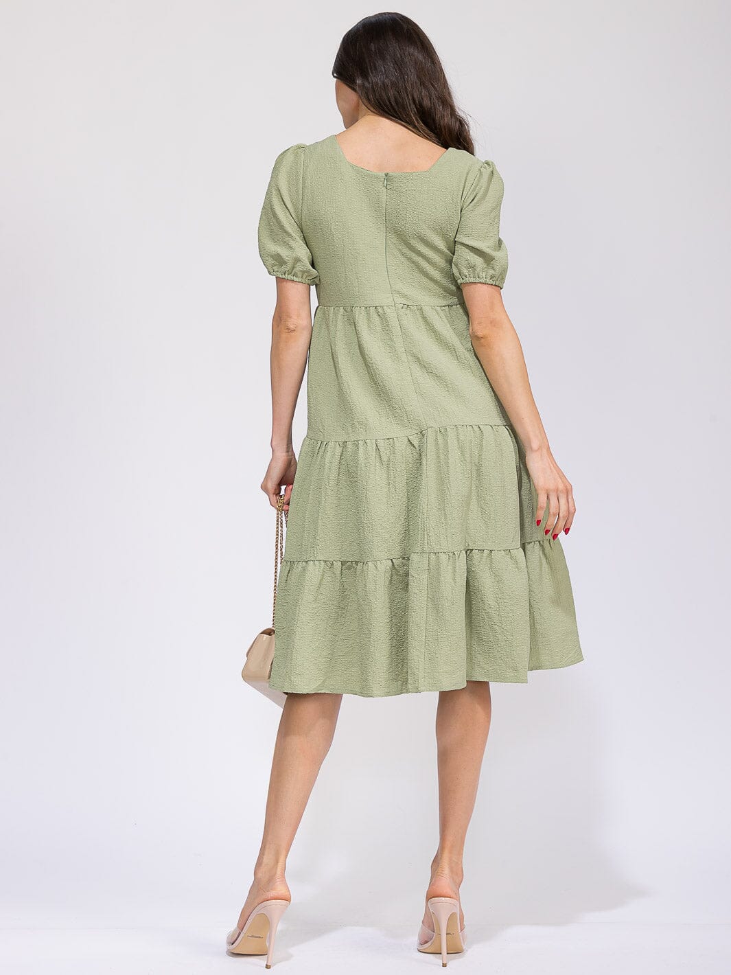 WOMEN'S SHORT SLEEVE SQUARE NECK FRONT POCKETS TIERED MIDI DRESS