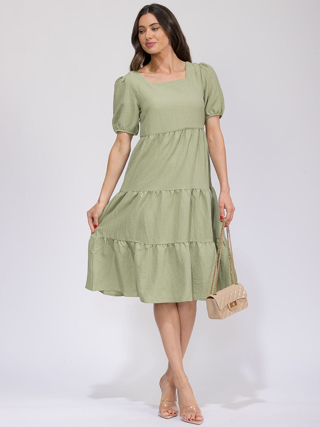 WOMEN'S SHORT SLEEVE SQUARE NECK FRONT POCKETS TIERED MIDI DRESS