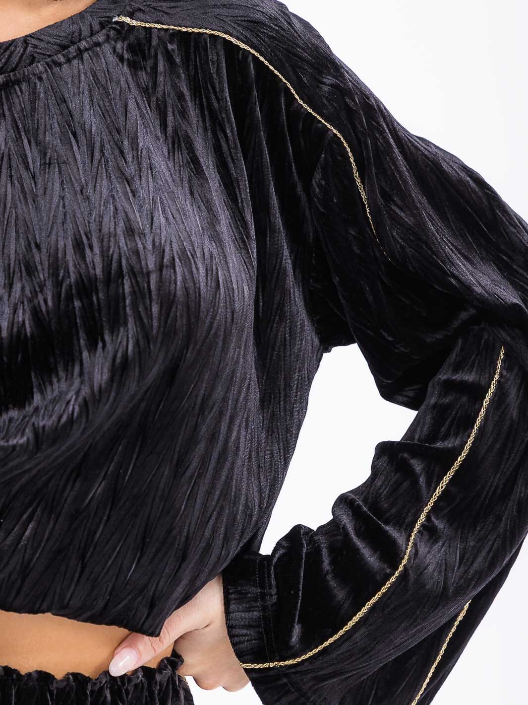 WOMEN'S LONG SLEEVE TOP & ELASTIC WAIST MIDI SKIRT VELVET DETAILED 2PC. SET