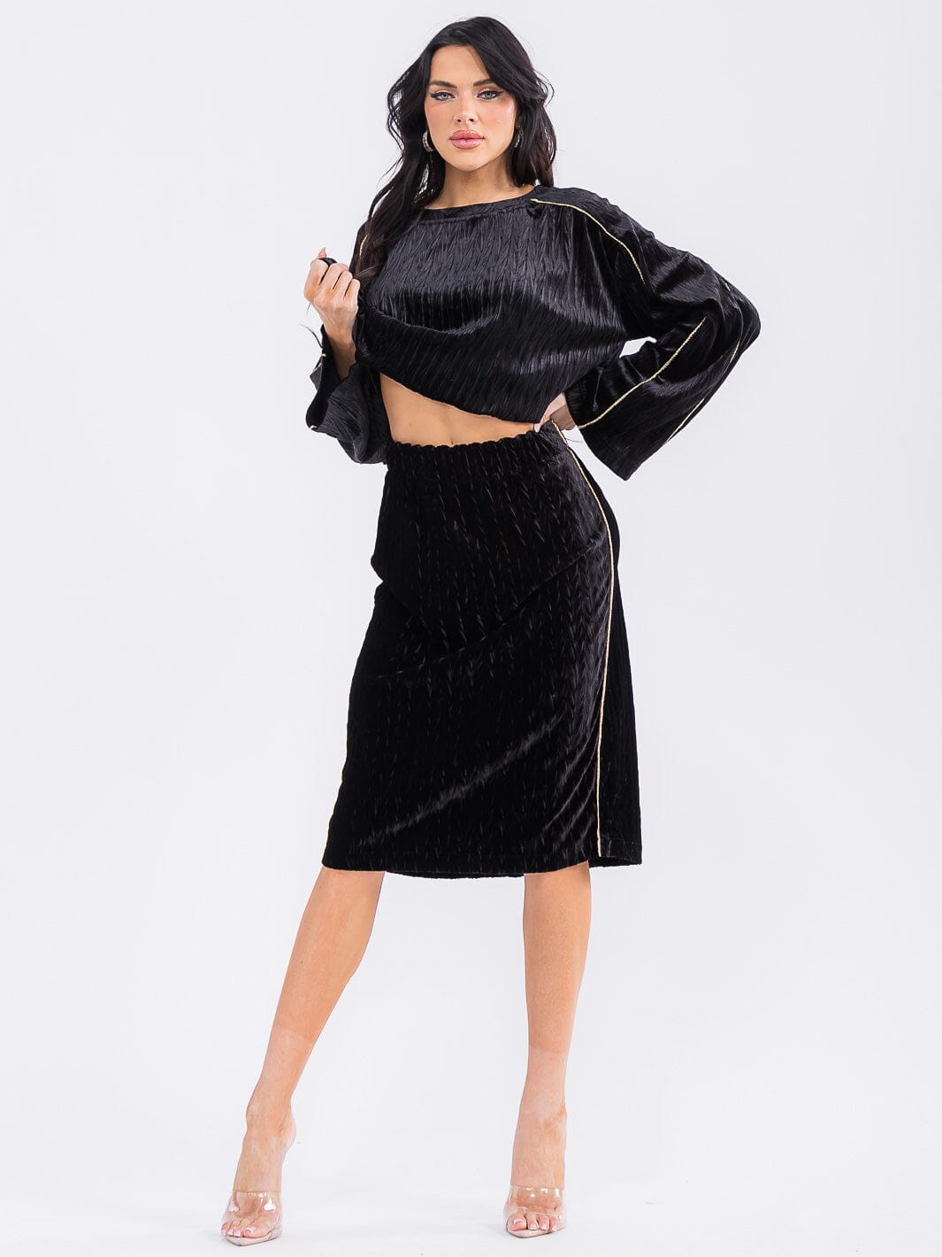 WOMEN'S LONG SLEEVE TOP & ELASTIC WAIST MIDI SKIRT VELVET DETAILED 2PC. SET