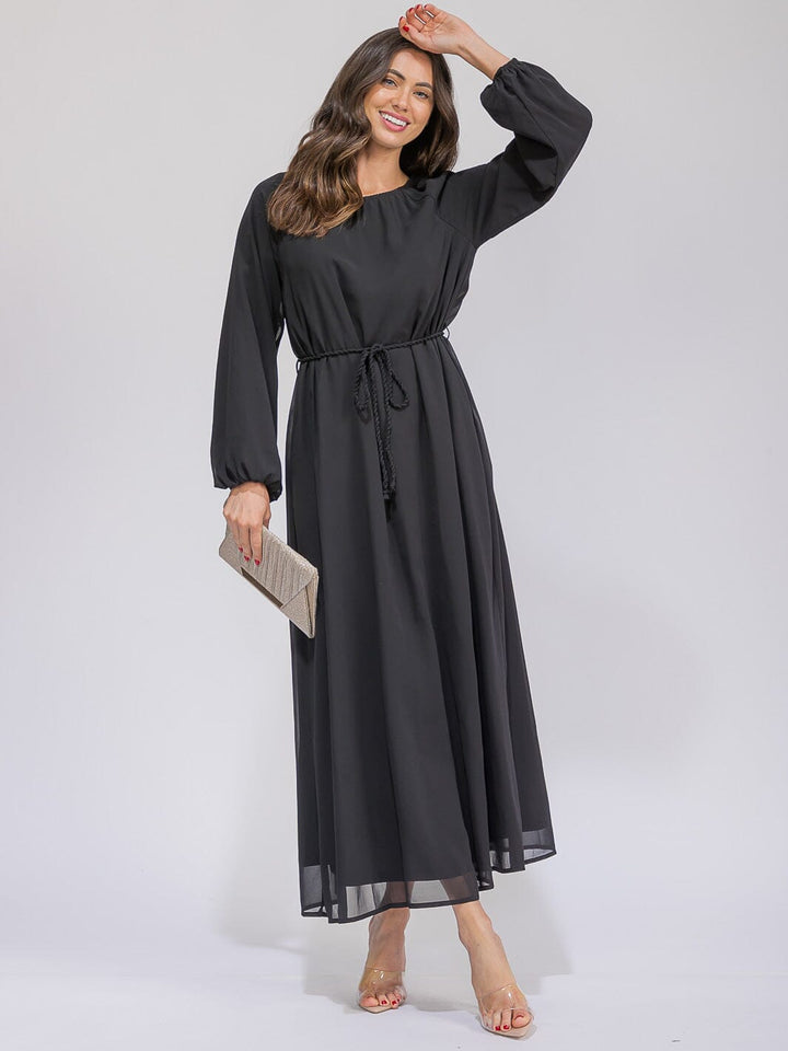 WOMEN'S LONG SLEEVES SELF TIE FRONT POCKETS MAXI DRESS