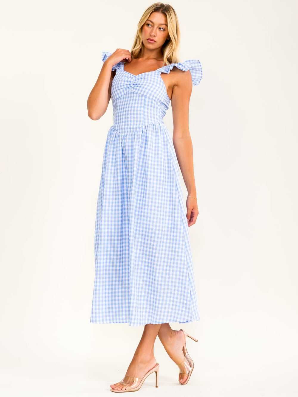 WOMEN'S RUFFLE SLEEVE V-NECK SMOCK TIERED PLAID MAXI DRESS