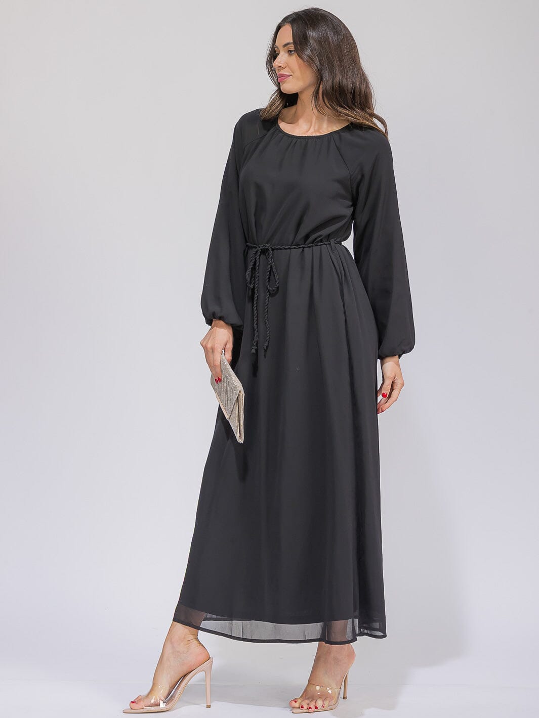 WOMEN'S LONG SLEEVES SELF TIE FRONT POCKETS MAXI DRESS