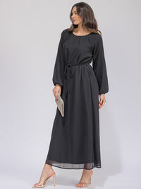 WOMEN'S LONG SLEEVES SELF TIE FRONT POCKETS MAXI DRESS