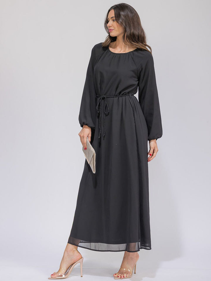 WOMEN'S LONG SLEEVES SELF TIE FRONT POCKETS MAXI DRESS