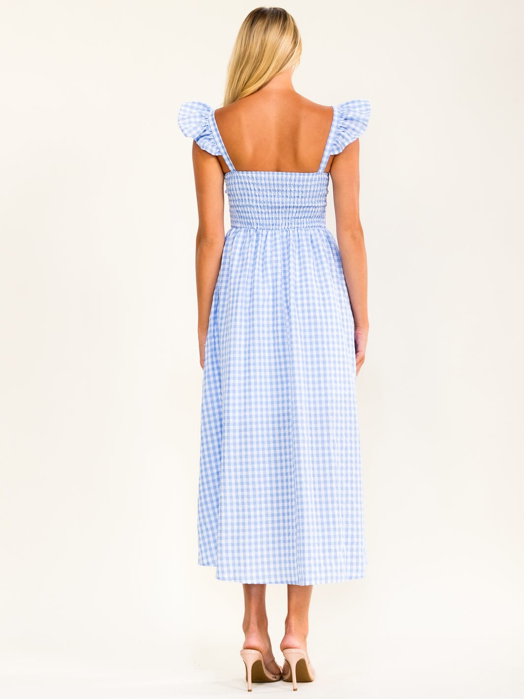 WOMEN'S RUFFLE SLEEVE V-NECK SMOCK TIERED PLAID MAXI DRESS