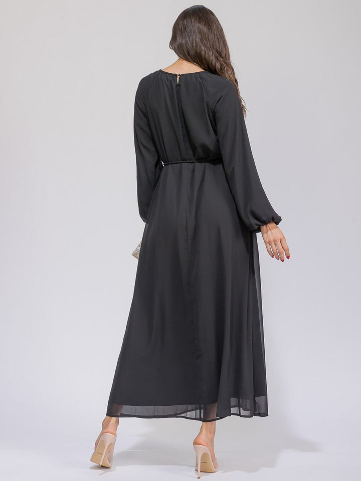 WOMEN'S LONG SLEEVES SELF TIE FRONT POCKETS MAXI DRESS