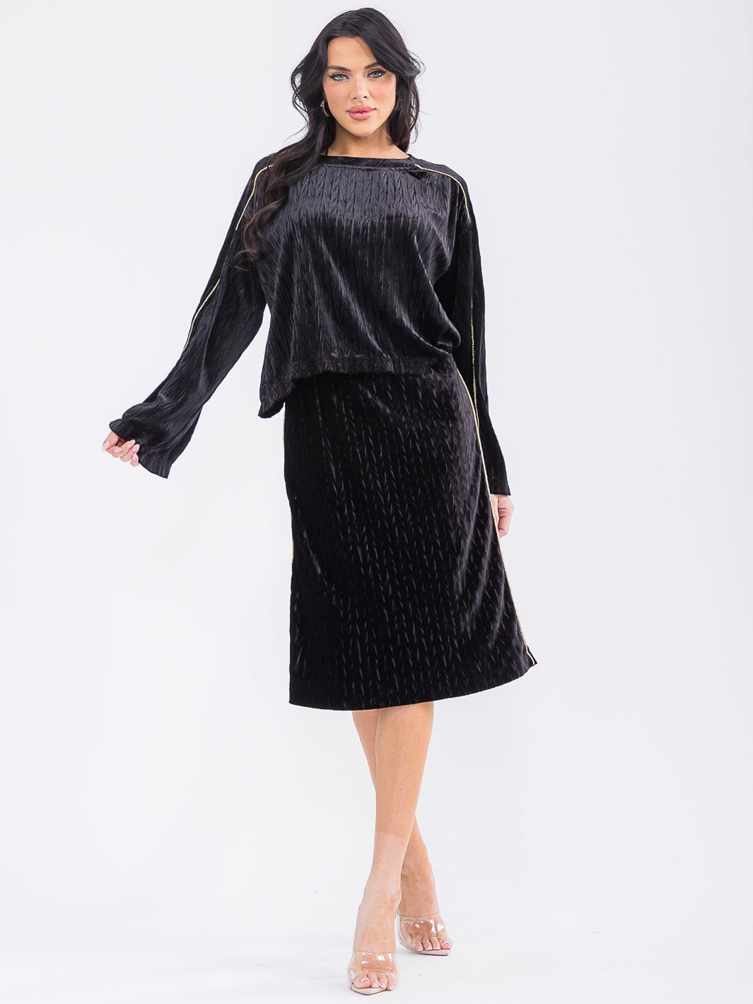 WOMEN'S LONG SLEEVE TOP & ELASTIC WAIST MIDI SKIRT VELVET DETAILED 2PC. SET