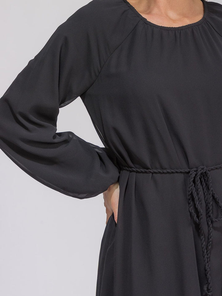 WOMEN'S LONG SLEEVES SELF TIE FRONT POCKETS MAXI DRESS