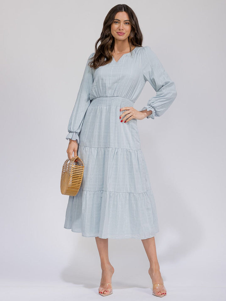 WOMEN'S LONG SLEEVE V-NECK SMOCK WAIST POCKETS TIERED MAXI DRESS