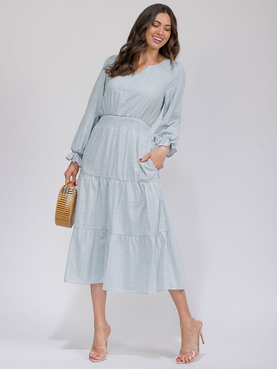 WOMEN'S LONG SLEEVE V-NECK SMOCK WAIST POCKETS TIERED MAXI DRESS