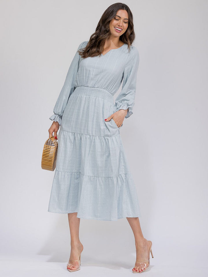 WOMEN'S LONG SLEEVE V-NECK SMOCK WAIST POCKETS TIERED MAXI DRESS