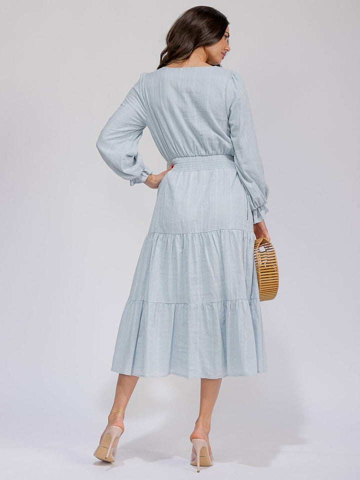 WOMEN'S LONG SLEEVE V-NECK SMOCK WAIST POCKETS TIERED MAXI DRESS