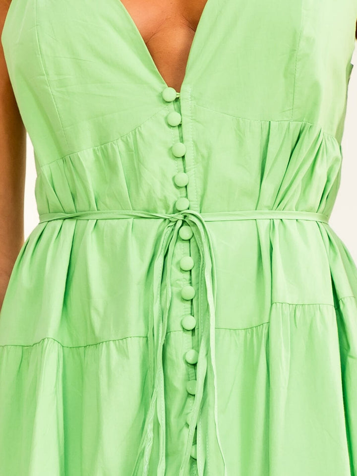 BEULAH WOMEN'S SLEEVELESS V-NECK BUTTON UP TIERED MAXI DRESS