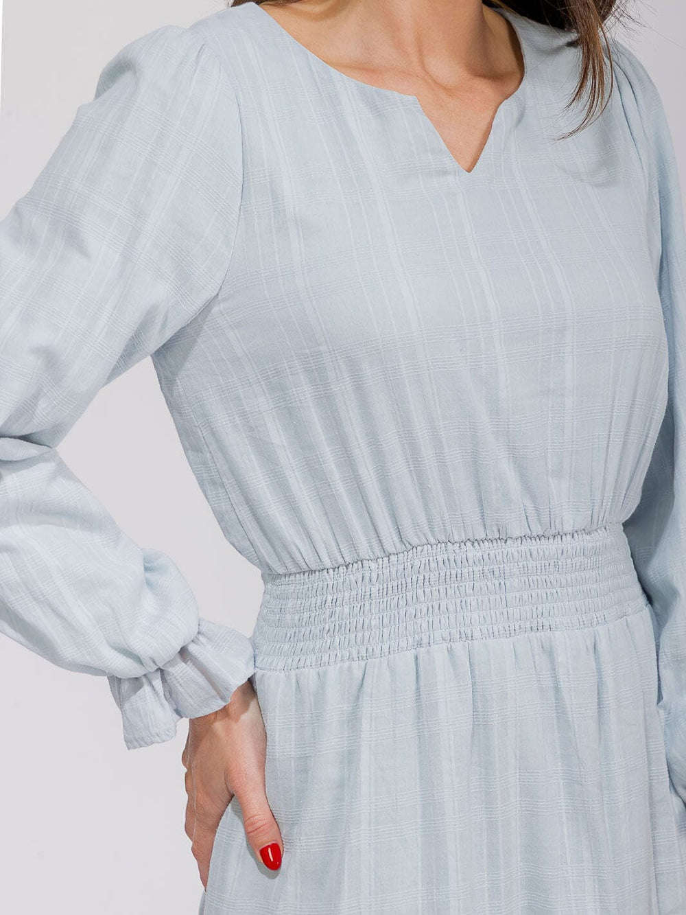 WOMEN'S LONG SLEEVE V-NECK SMOCK WAIST POCKETS TIERED MAXI DRESS