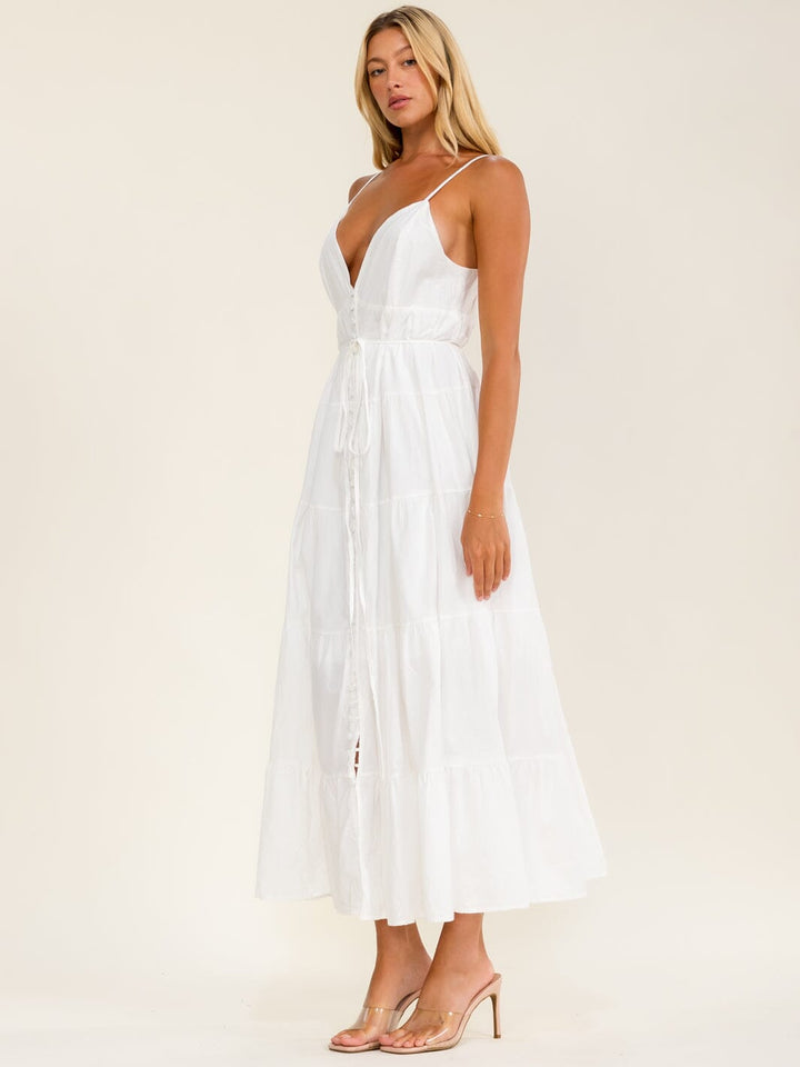 BEULAH WOMEN'S SLEEVELESS V-NECK BUTTON UP TIERED MAXI DRESS