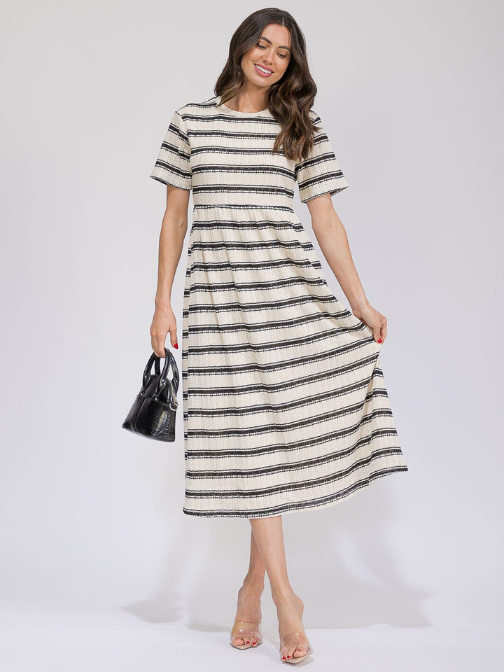 WOMEN'S SHORT SLEEVE POCKETS ELASTIC WAIST COLORBLOCK STRIPES MAXI DRESS