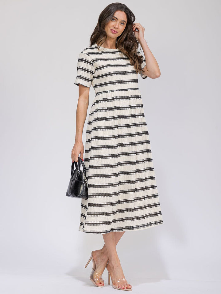 WOMEN'S SHORT SLEEVE POCKETS ELASTIC WAIST COLORBLOCK STRIPES MAXI DRESS