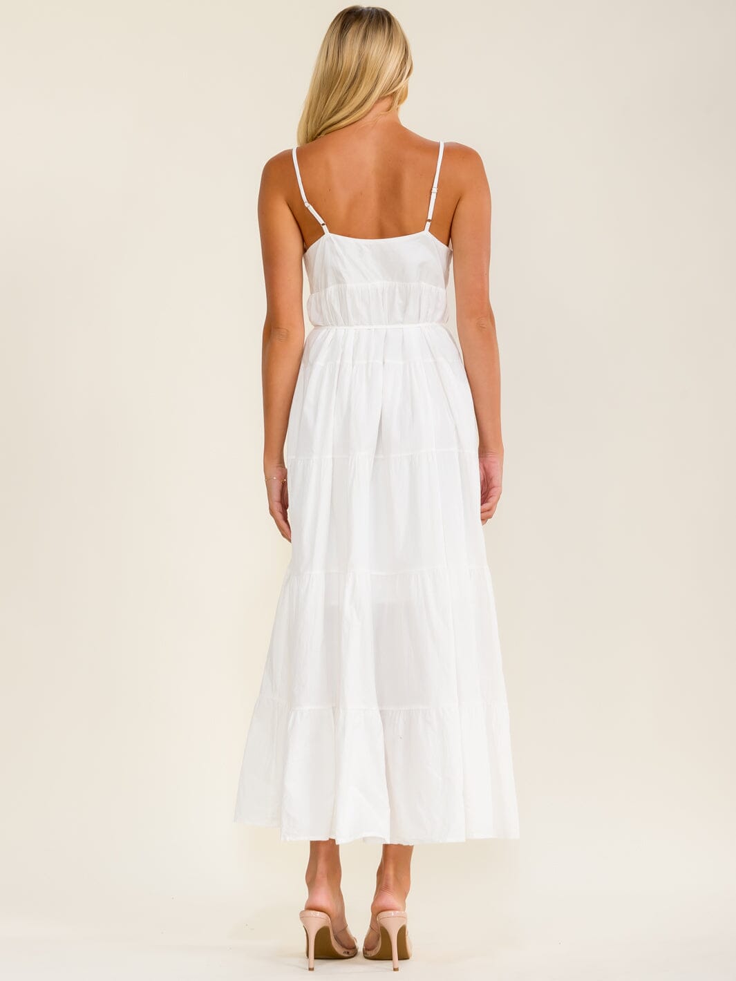 BEULAH WOMEN'S SLEEVELESS V-NECK BUTTON UP TIERED MAXI DRESS