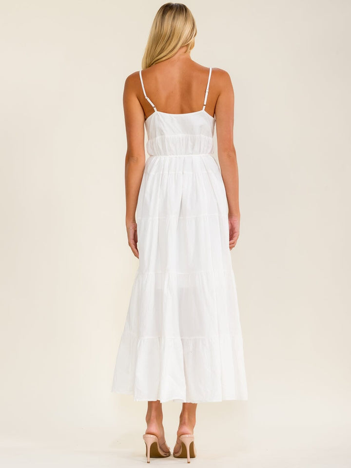 BEULAH WOMEN'S SLEEVELESS V-NECK BUTTON UP TIERED MAXI DRESS
