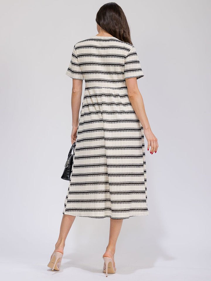 WOMEN'S SHORT SLEEVE POCKETS ELASTIC WAIST COLORBLOCK STRIPES MAXI DRESS