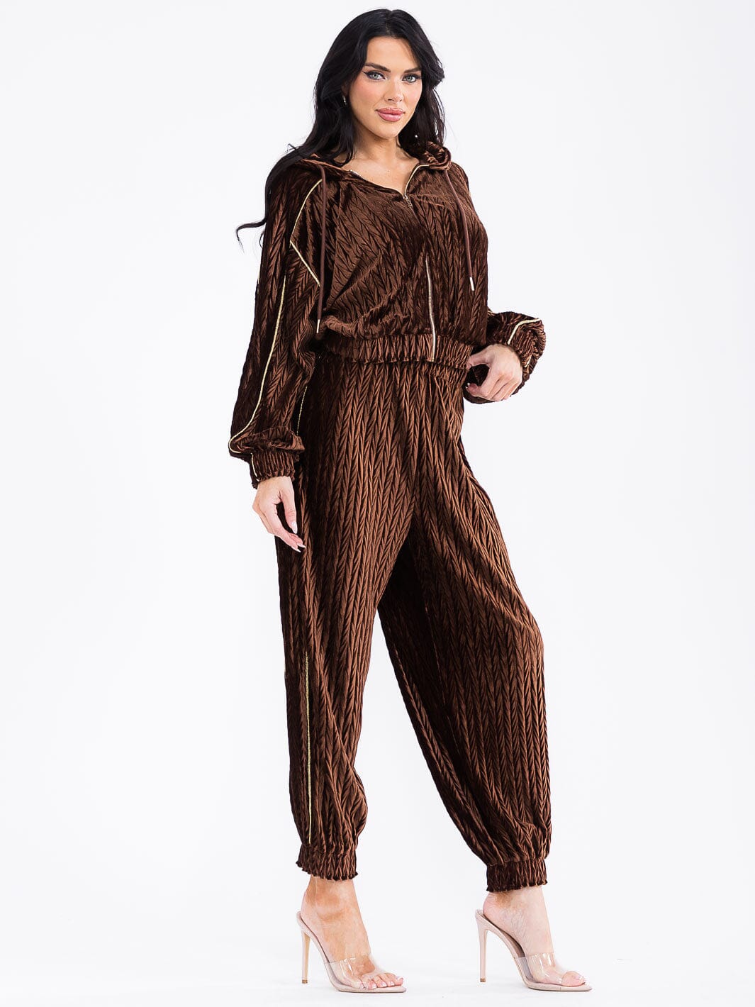 WOMEN'S HOODED SWEATER & ELASTIC WAIST PANTS VELVET DETAILED 2PC. SET
