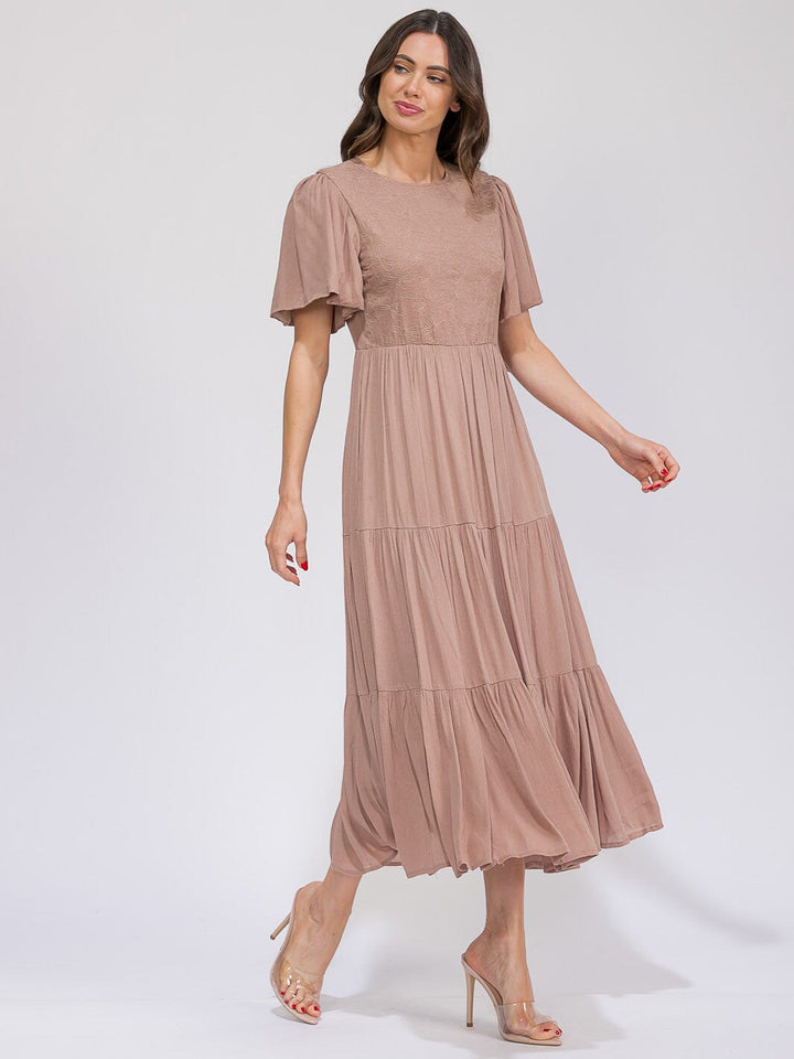 WOMEN'S SHORT SLEEVE DETAILED FRONT POCKETS TIERED MAXI DRESS
