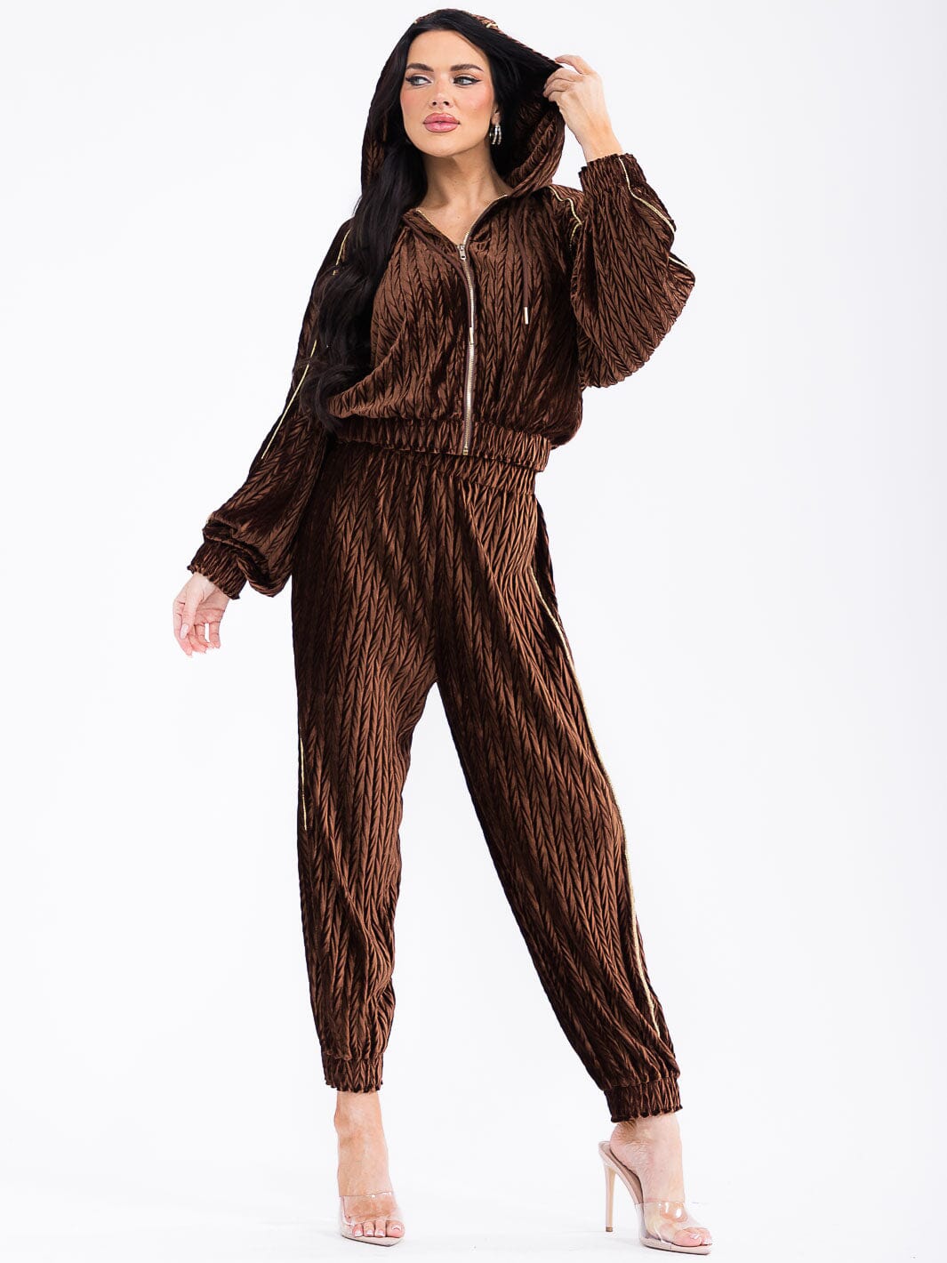 WOMEN'S HOODED SWEATER & ELASTIC WAIST PANTS VELVET DETAILED 2PC. SET