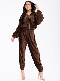 WOMEN'S HOODED SWEATER & ELASTIC WAIST PANTS VELVET DETAILED 2PC. SET