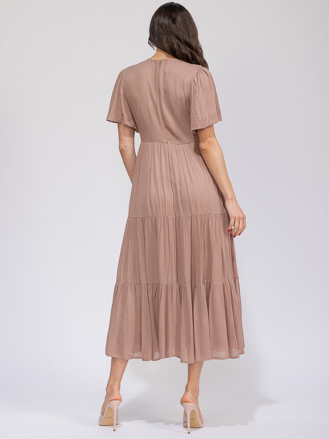 WOMEN'S SHORT SLEEVE DETAILED FRONT POCKETS TIERED MAXI DRESS