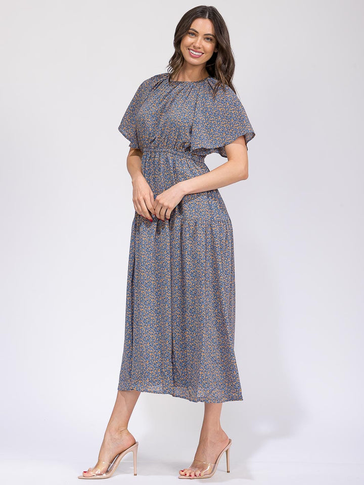 WOMEN'S SHORT SLEEVE ELASTIC WAIST FRONT POCKET FLORAL MAXI DRESS