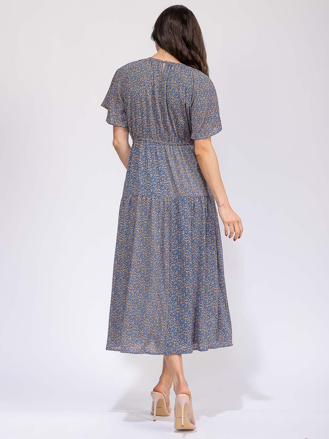 WOMEN'S SHORT SLEEVE ELASTIC WAIST FRONT POCKET FLORAL MAXI DRESS