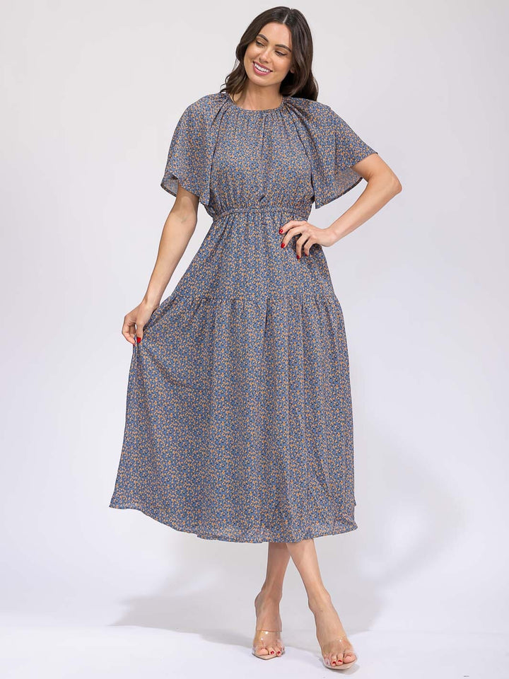 WOMEN'S SHORT SLEEVE ELASTIC WAIST FRONT POCKET FLORAL MAXI DRESS