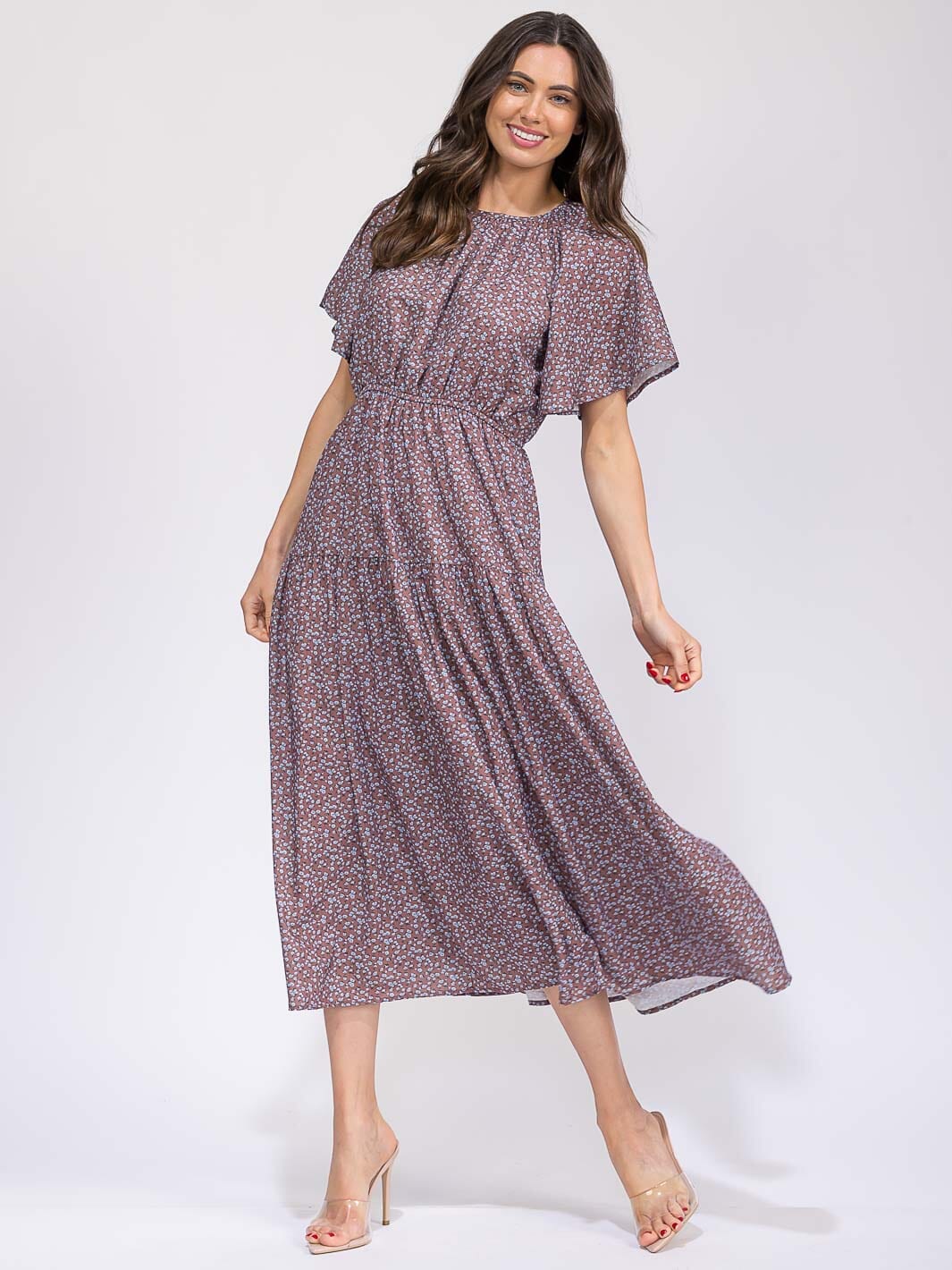 WOMEN'S SHORT SLEEVE ELASTIC WAIST FRONT POCKET FLORAL MAXI DRESS