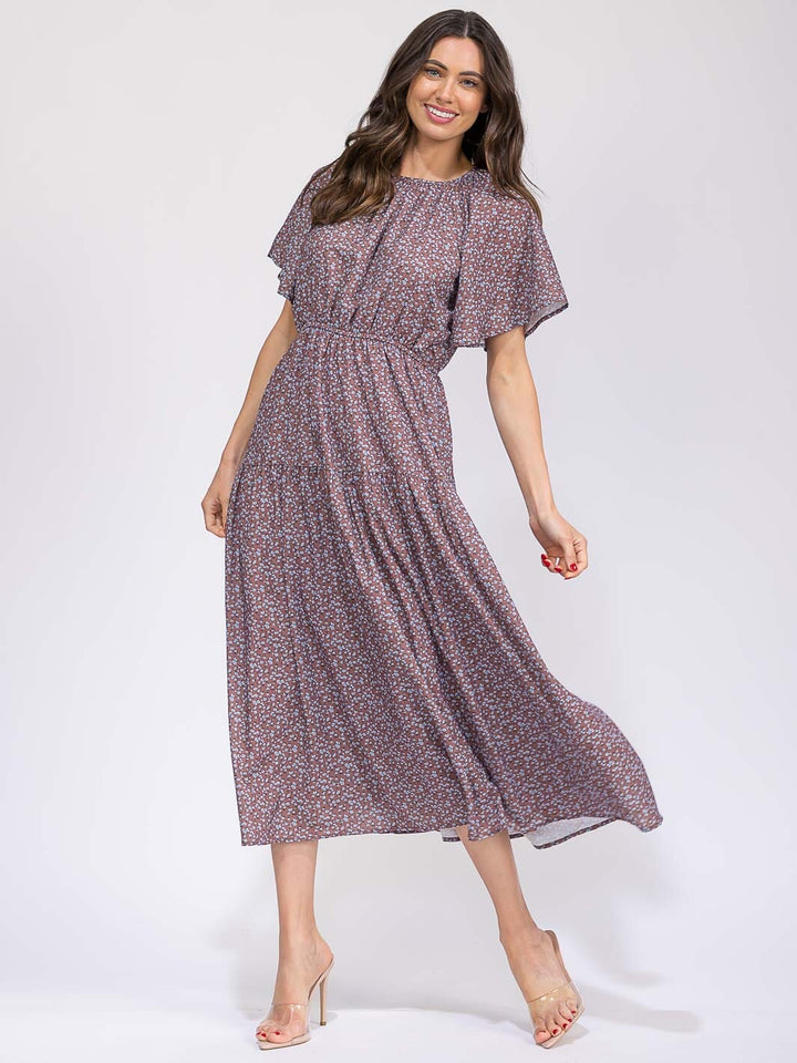 WOMEN'S SHORT SLEEVE ELASTIC WAIST FRONT POCKET FLORAL MAXI DRESS