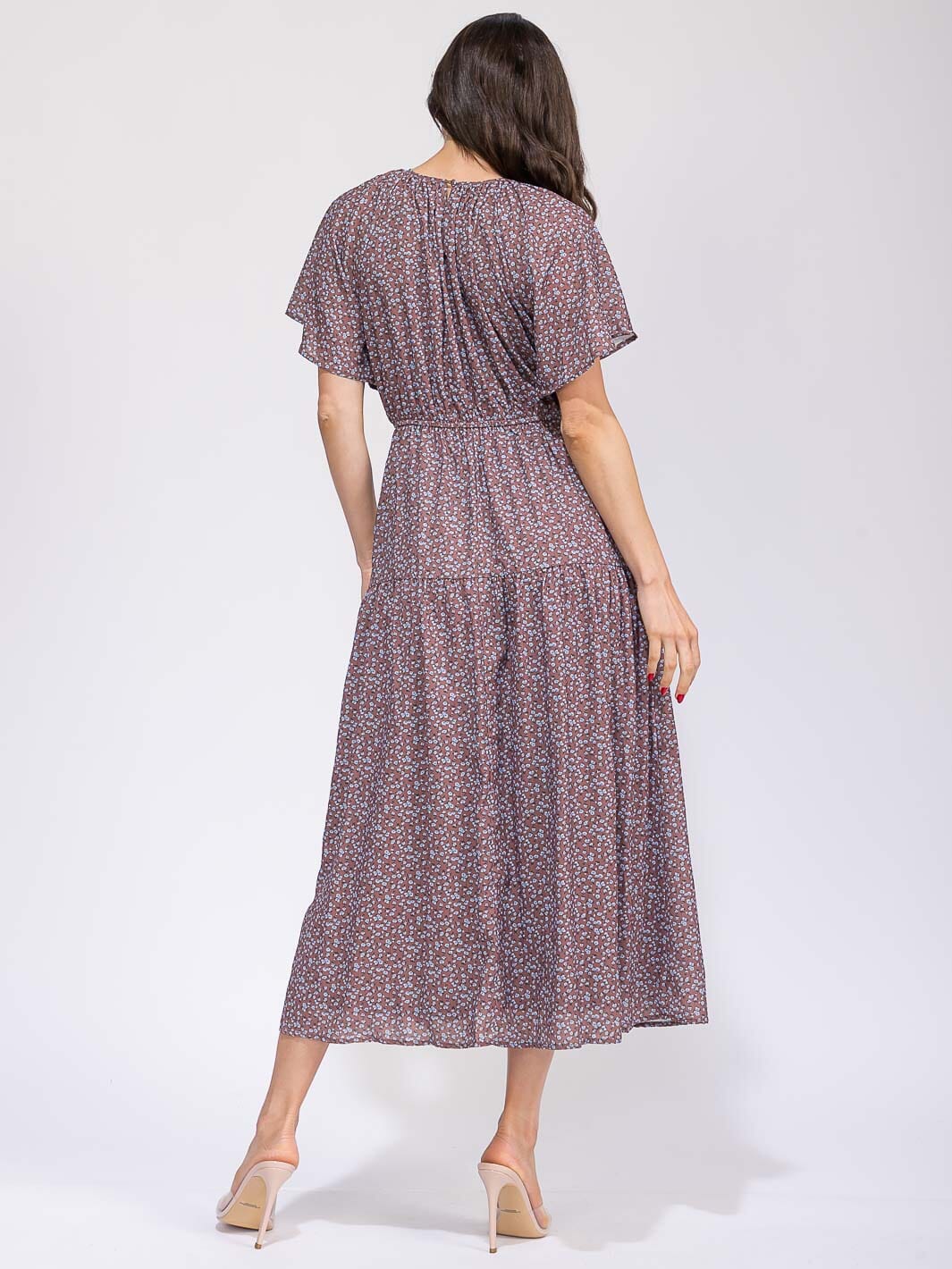 WOMEN'S SHORT SLEEVE ELASTIC WAIST FRONT POCKET FLORAL MAXI DRESS