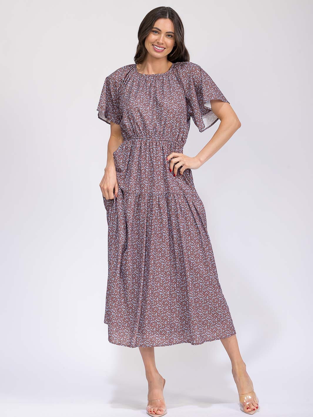 WOMEN'S SHORT SLEEVE ELASTIC WAIST FRONT POCKET FLORAL MAXI DRESS