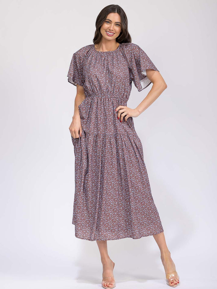 WOMEN'S SHORT SLEEVE ELASTIC WAIST FRONT POCKET FLORAL MAXI DRESS