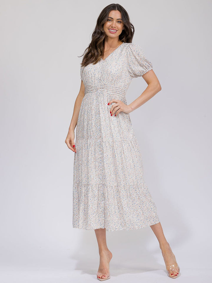 WOMEN'S SHORT SLEEVE BUTTON UP ELASTIC WAIST POCKETS TIERED FLORAL MAXI DRESS