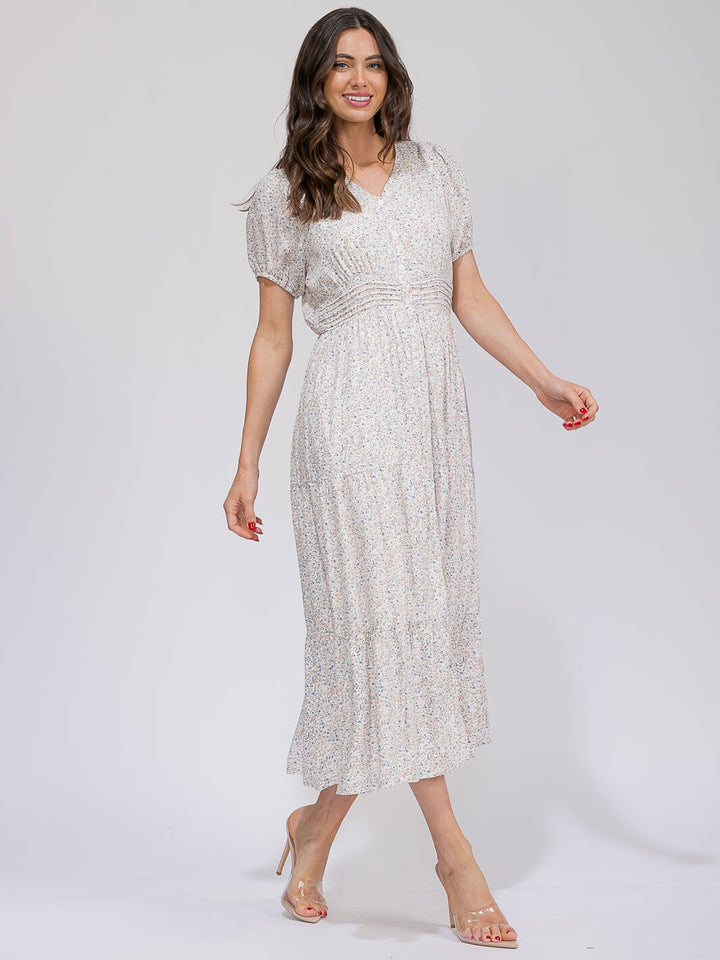 WOMEN'S SHORT SLEEVE BUTTON UP ELASTIC WAIST POCKETS TIERED FLORAL MAXI DRESS