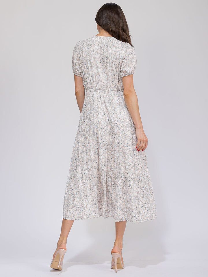WOMEN'S SHORT SLEEVE BUTTON UP ELASTIC WAIST POCKETS TIERED FLORAL MAXI DRESS