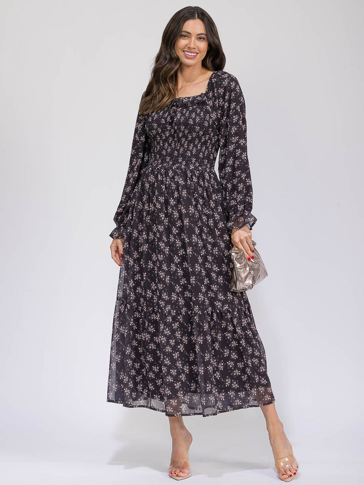 WOMEN'S LONG SLEEVE SMOCK TIERED FLORAL MAXI DRESS