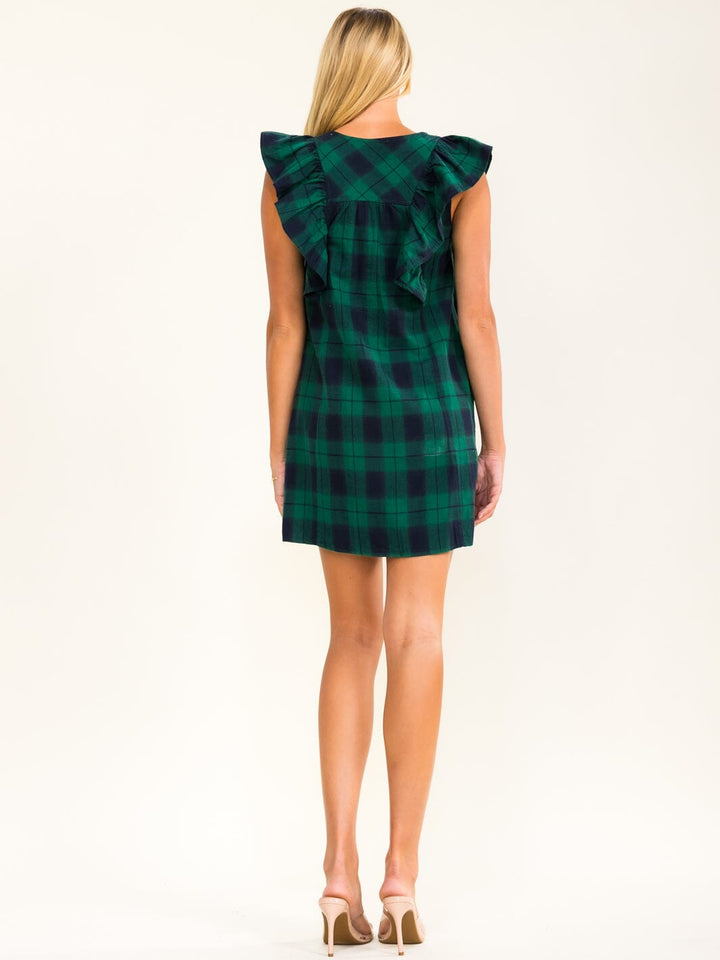 WOMEN'S RUFFLE SLEEVE BUTTON UP FRONT POCKETS PLAID MINI DRESS