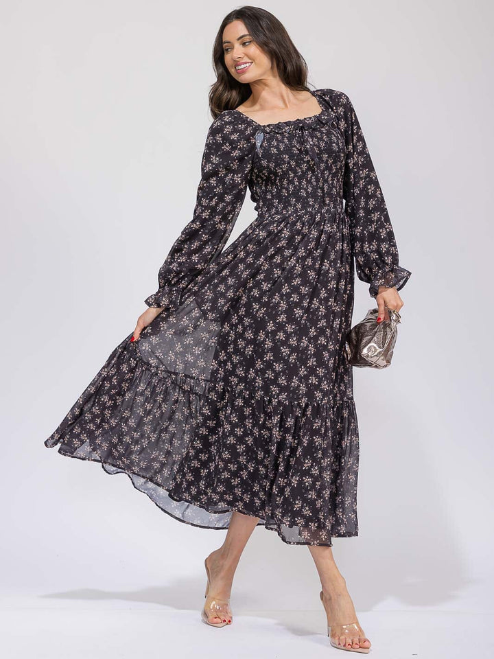 WOMEN'S LONG SLEEVE SMOCK TIERED FLORAL MAXI DRESS