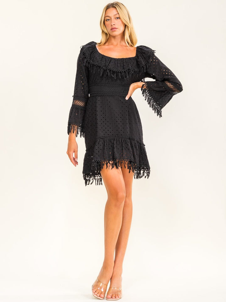 BEULAH WOMEN'S LONG SLEEVE EYELET FRINGE MINI DRESS