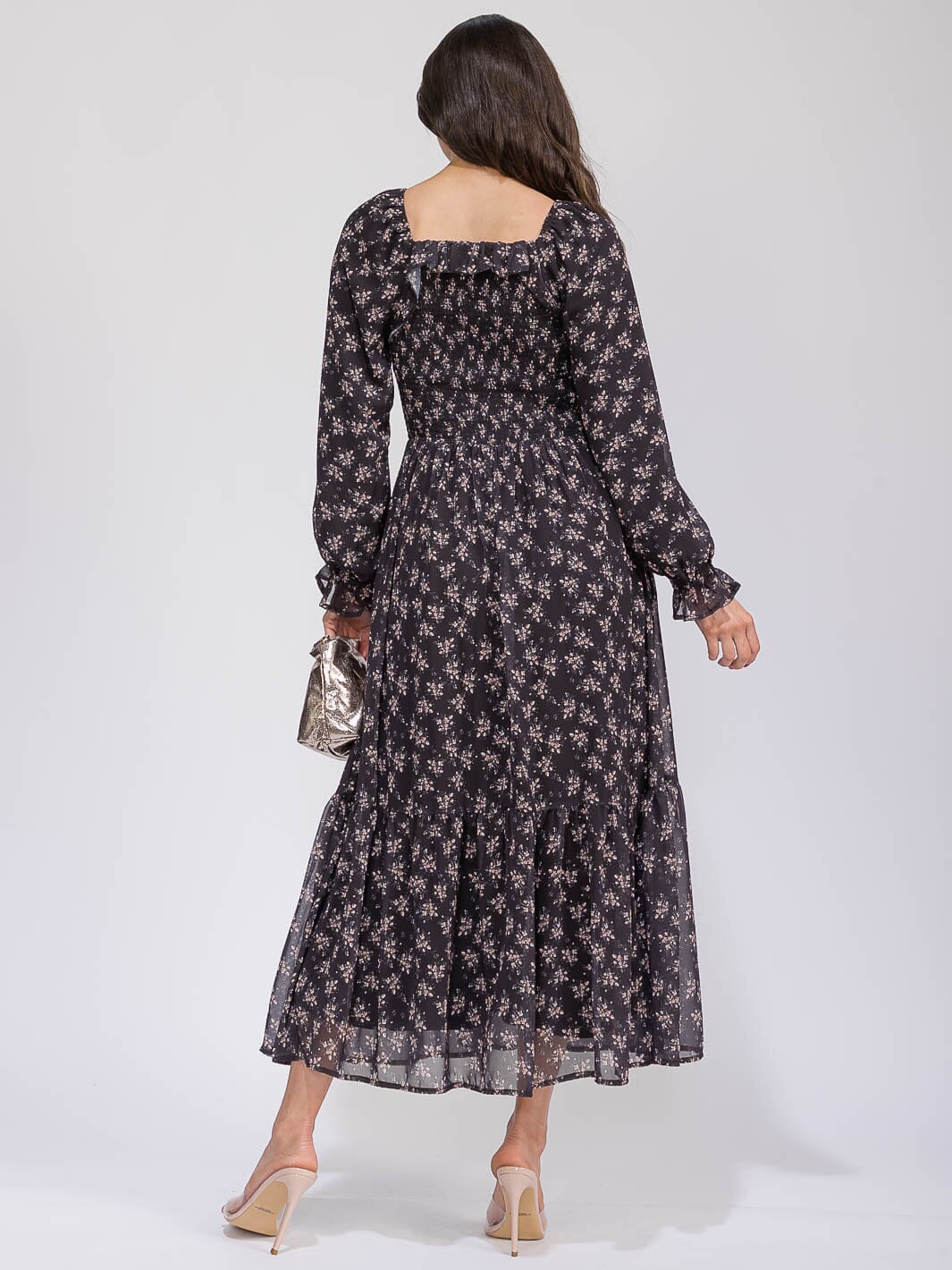 WOMEN'S LONG SLEEVE SMOCK TIERED FLORAL MAXI DRESS