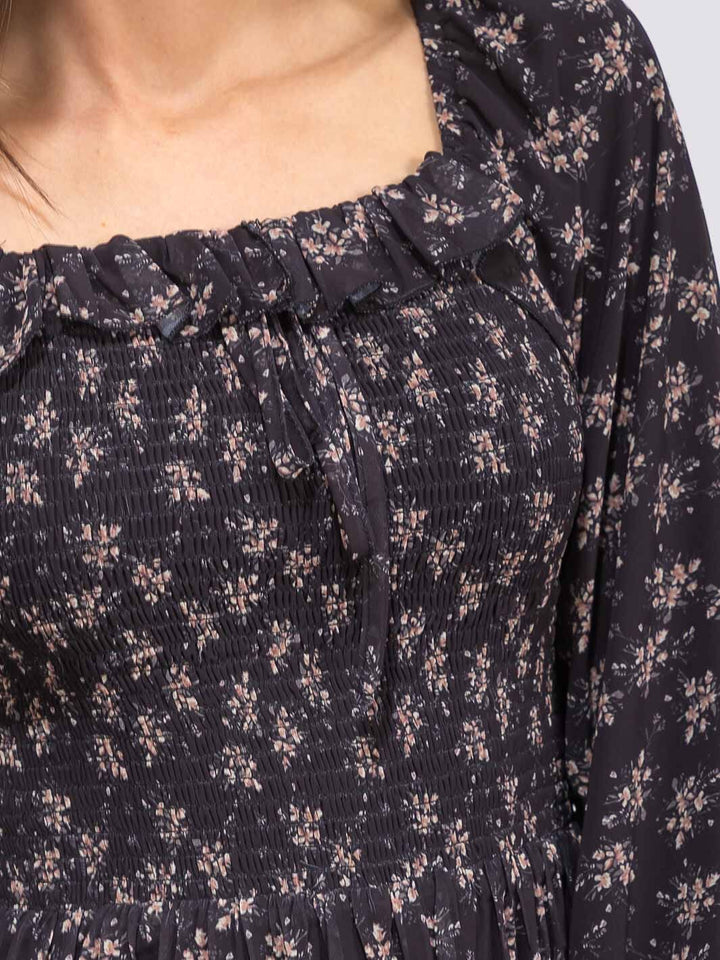 WOMEN'S LONG SLEEVE SMOCK TIERED FLORAL MAXI DRESS
