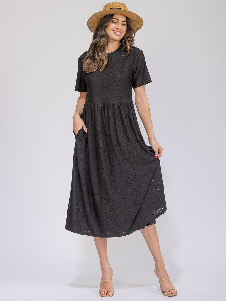 WOMEN'S SHORT SLEEVE POCKETS EYELET MAXI DRESS