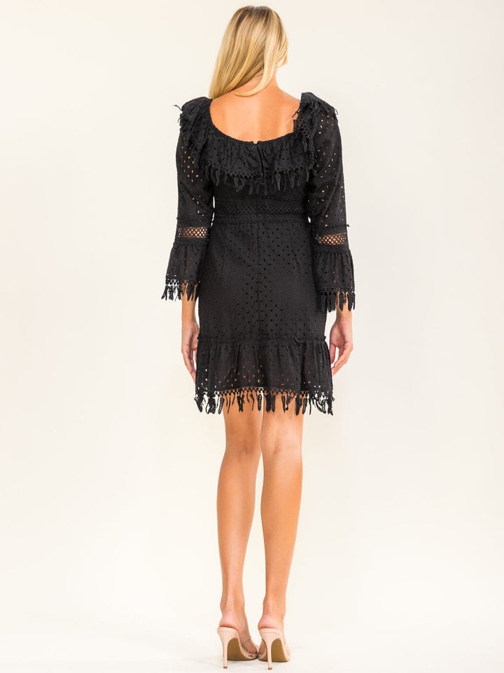 BEULAH WOMEN'S LONG SLEEVE EYELET FRINGE MINI DRESS